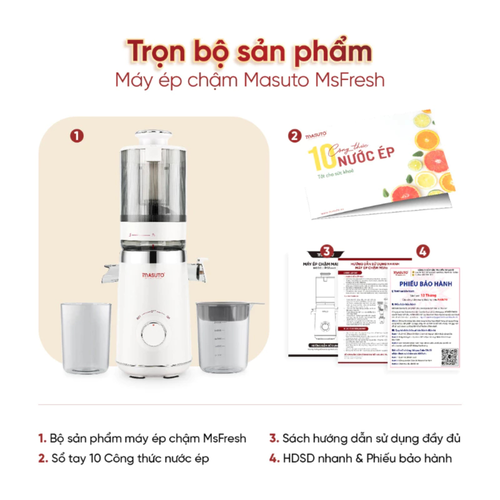 Máy Ép Chậm Masuto MS Fresh Công Suất 150W, Dễ Dàng Sử Dụng, Vệ Sinh, Bảo Hành 2 Năm