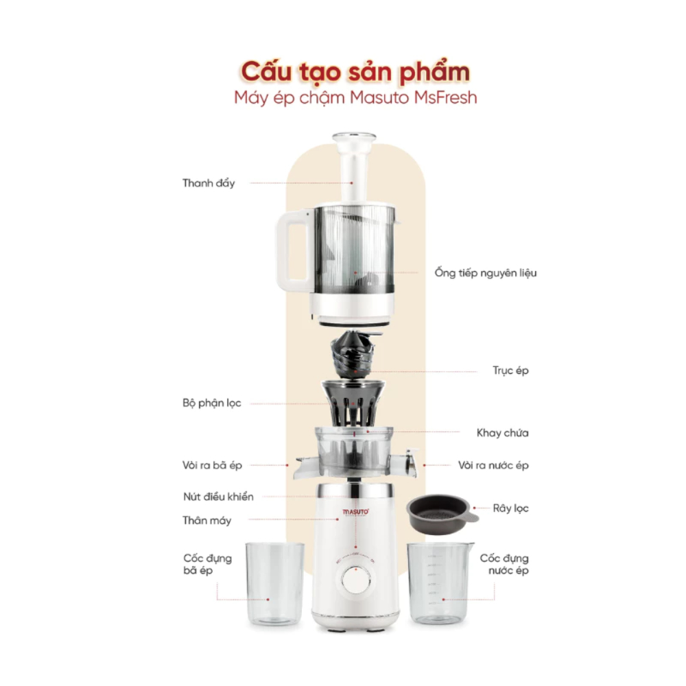 Máy Ép Chậm Masuto MS Fresh Công Suất 150W, Dễ Dàng Sử Dụng, Vệ Sinh, Bảo Hành 2 Năm