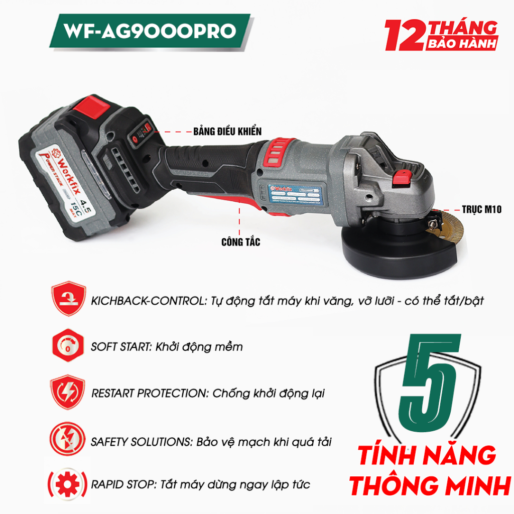[TẶNG ĐĨA CẮT] Máy mài góc Workfix WF-AG9000ATC - 5 Tính Năng Thông Minh, Có Màn Led, Chuyên Cắt, Cưa, Mài