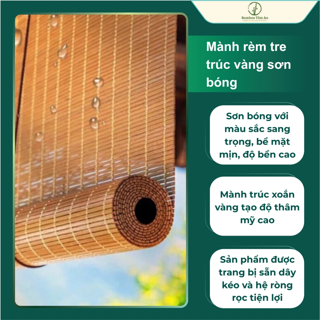 Mành rèm tre trúc vàng sơn bóng che nắng mái hiên ngoài trời có sẵn dây ...