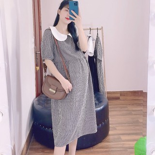 Váy bầu, đầm bầu ANAN caro phối cổ sen tròn đáng yêu