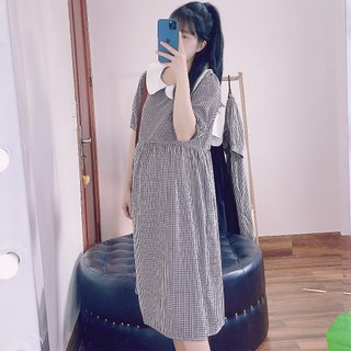 Váy bầu, đầm bầu ANAN caro phối cổ sen tròn đáng yêu