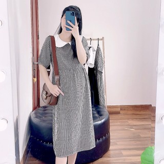 Váy bầu, đầm bầu ANAN caro phối cổ sen tròn đáng yêu