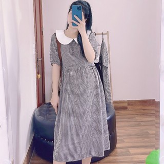 Váy bầu, đầm bầu ANAN caro phối cổ sen tròn đáng yêu