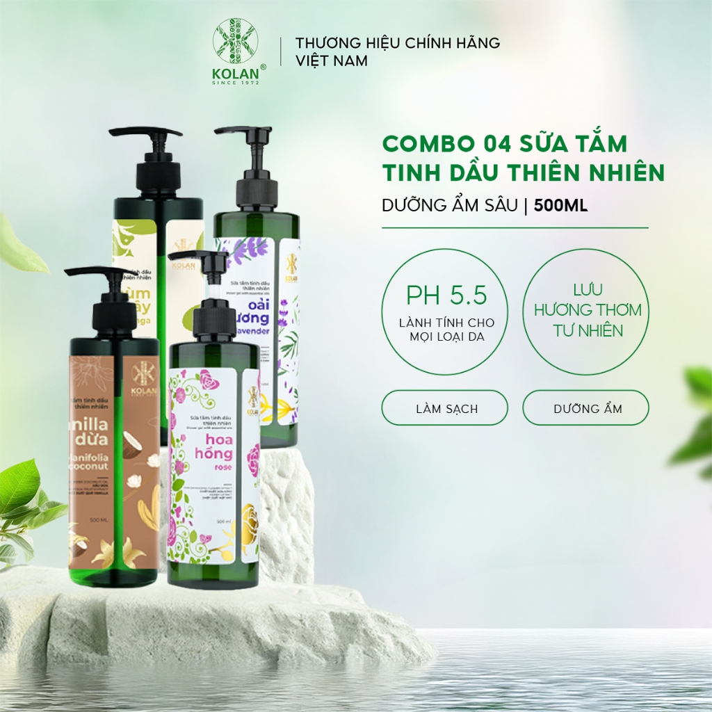 [SUPER DEAL] Combo 4 Sữa Tắm KOLAN 500ml/Chai, Tinh Dầu Chùm Ngây, Hoa Hồng, Mật Gạo, Vanilla Dừa