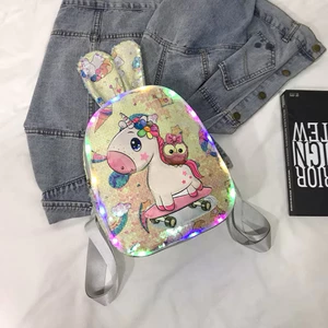 Balo trẻ em màu thỏ hoạt hình dễ thương mới, Túi đi học nữ có đèn LED Sequin, Túi đi học dành cho học sinh