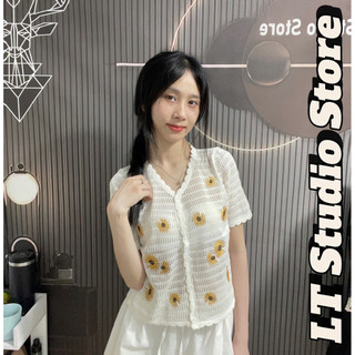 LT - Áo len ren đan móc cài khuy vintage hoạ tiết hoa cúc ren mỏng lưới 1005