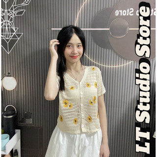 LT - Áo len ren đan móc cài khuy vintage hoạ tiết hoa cúc ren mỏng lưới 1005