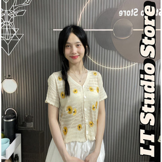 LT - Áo len ren đan móc cài khuy vintage hoạ tiết hoa cúc ren mỏng lưới 1005
