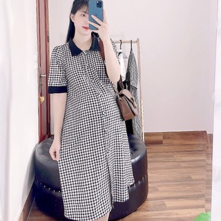 Váy bầu kẻ công sở ANAN thiết kế phối cổ và măng séc trang trí hàng khuy bọc