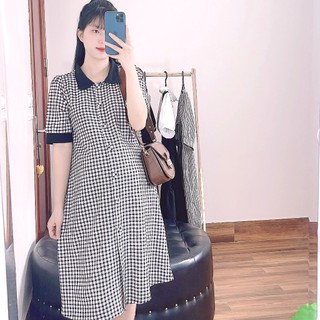 Váy bầu kẻ công sở ANAN thiết kế phối cổ và măng séc trang trí hàng khuy bọc