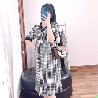 Váy bầu kẻ công sở ANAN thiết kế phối cổ và măng séc trang trí hàng khuy bọc