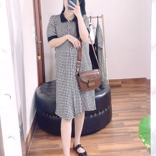 Váy bầu kẻ công sở ANAN thiết kế phối cổ và măng séc trang trí hàng khuy bọc