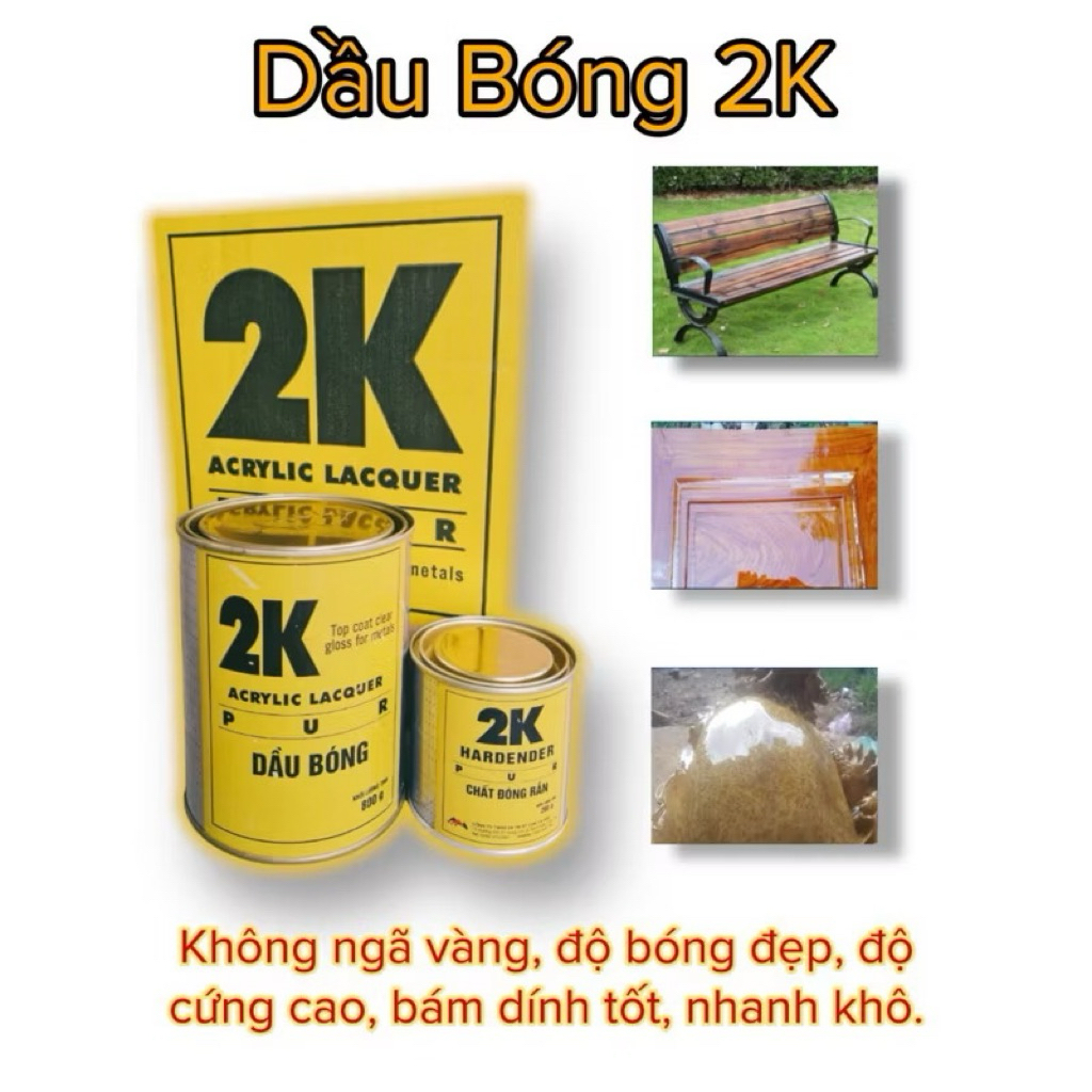 Sơn Dầu Phủ Bóng 2K Vàng- 1Kg/bộ (Dầu bóng 800g&Đóng rắn 200g)-Phủ Bóng Cho Xe, Đá, Gỗ, Nhựa, Giả Đá