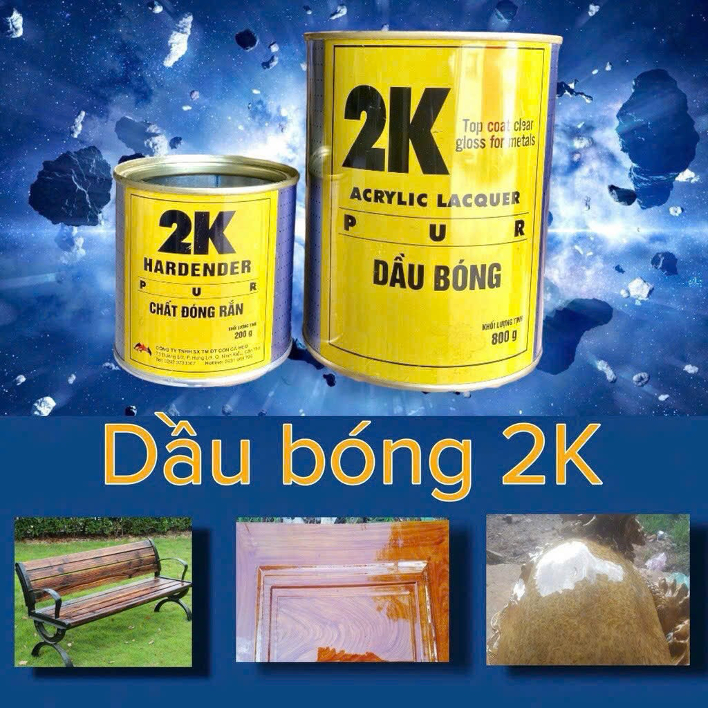 Sơn Dầu Phủ Bóng 2K Vàng- 1Kg/bộ (Dầu bóng 800g&Đóng rắn 200g)-Phủ Bóng Cho Xe, Đá, Gỗ, Nhựa, Giả Đá