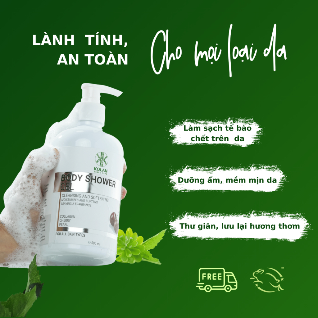 Sữa Tắm KOLAN 500ml, Chiết Xuất Cherry, Làm Sạch Da, Dưỡng Ẩm, Lưu Hương Lâu