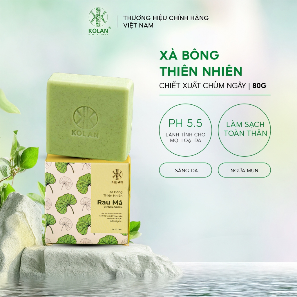 Xà Bông Thiên Nhiên Rau Má KOLAN 80g + Bông Tắm Xơ Mướp KOLAN Giúp Làm Sạch Sáng Mịn Body