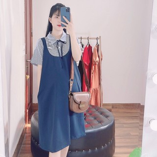 Váy bầu công sở ANAN thiết kế phối kẻ xanh tay, đáp ngực và cổ đức