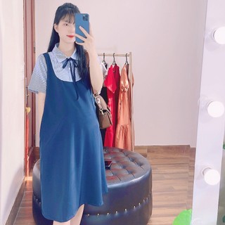 Váy bầu công sở ANAN thiết kế phối kẻ xanh tay, đáp ngực và cổ đức