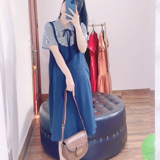 Váy bầu công sở ANAN thiết kế phối kẻ xanh tay, đáp ngực và cổ đức