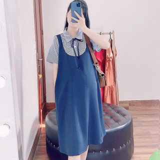 Váy bầu công sở ANAN thiết kế phối kẻ xanh tay, đáp ngực và cổ đức