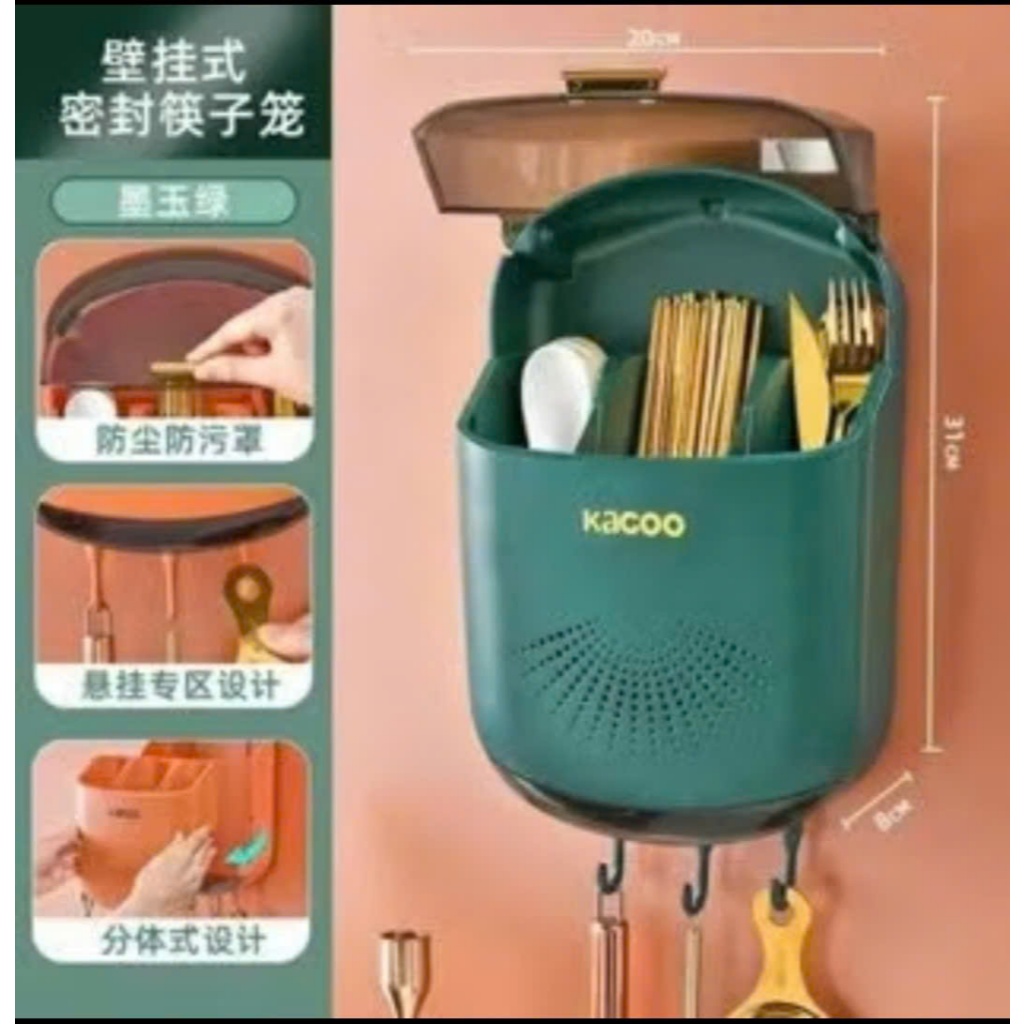 Hộp đựng đũa muỗng treo tường KaCoo thoáng khí ngăn ẩm mốc, Ống đựng đũa có nắp đậy chống côn trùng tích hợp móc treo