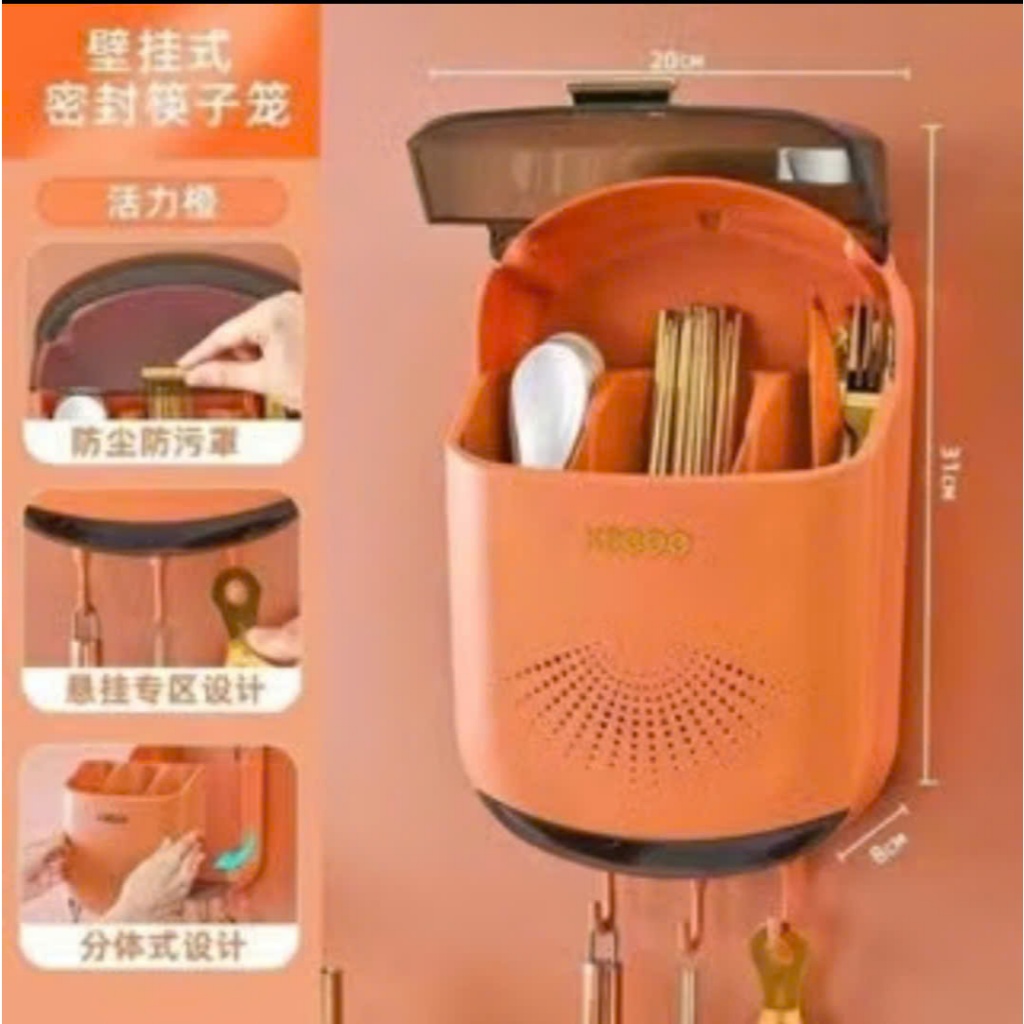 Hộp đựng đũa muỗng treo tường KaCoo thoáng khí ngăn ẩm mốc, Ống đựng đũa có nắp đậy chống côn trùng tích hợp móc treo