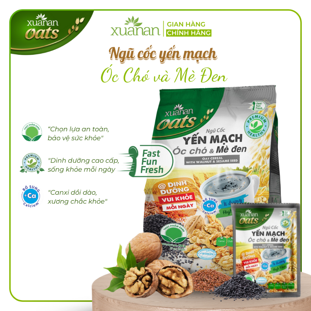 Ngũ Cốc Yến Mạch Óc Chó & Mè Đen Xuân An [ít đường] 400G