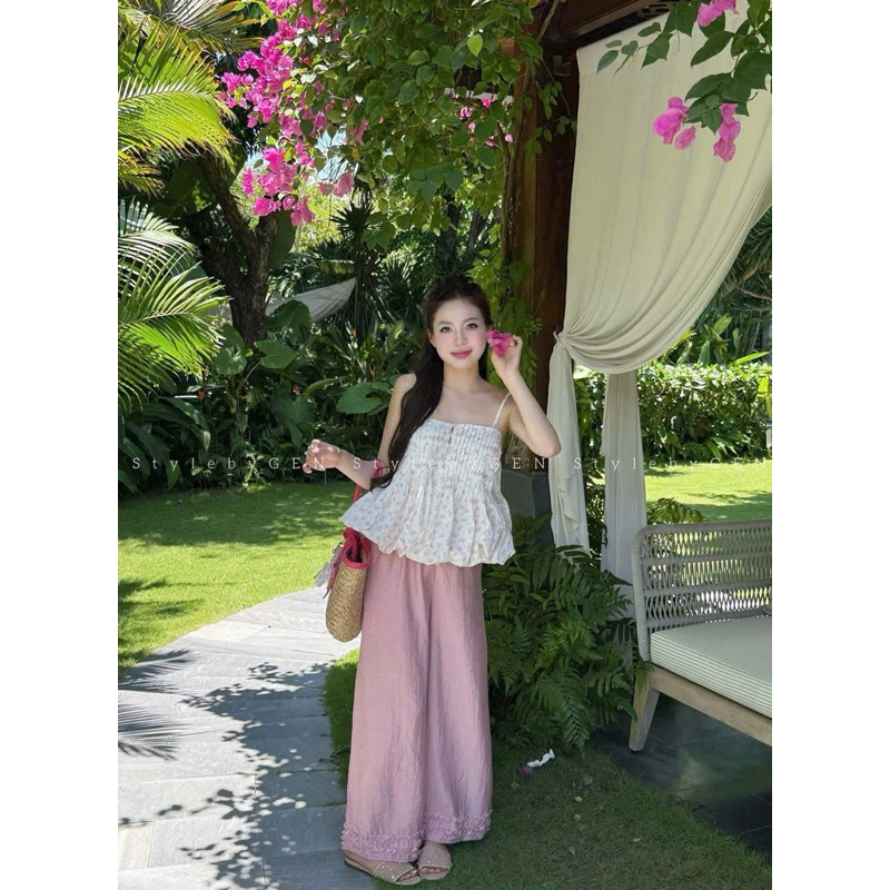 L832- Sét áo babydoll 2 dây hoa nổi dập li xoè quần suông xanh bèo lai (40-60kg)