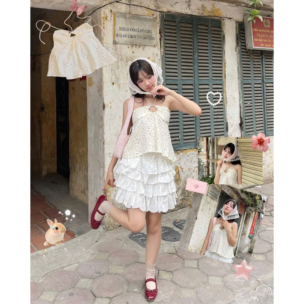 Áo Cúp Ngực Cổ Yếm Form Babydoll Hoa Nhí BETTER TOP, Áo Cổ Yếm Cột Dây Điệu Đà SAN Clothings - P130
