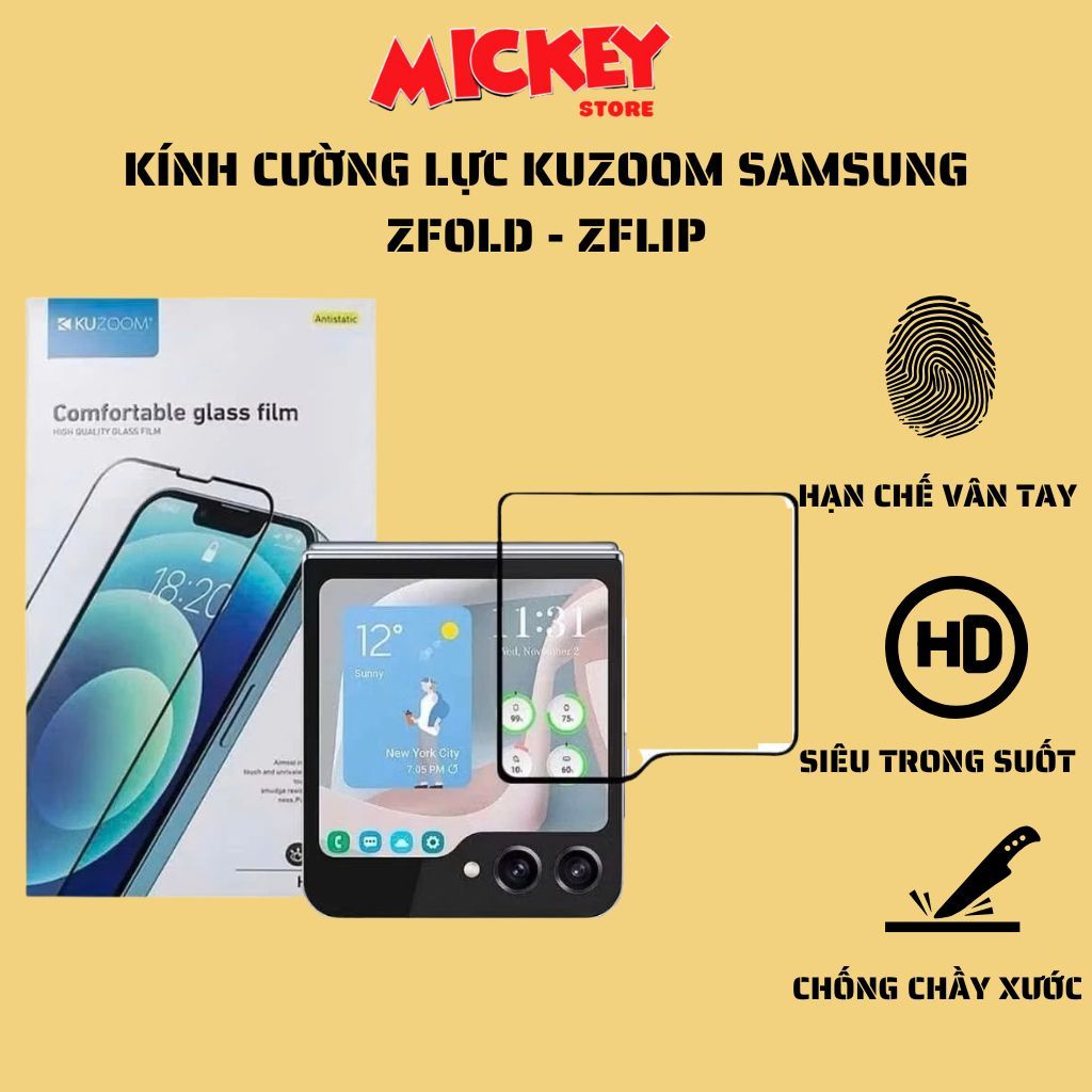 Kính cường lực Kuzoom trong suốt full màn cho Samsung Z Fold / Z Flip 3 4 5 6 7 hạn chế vân tay