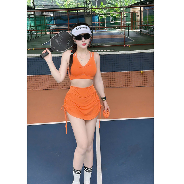 Bộ váy thể thao TS02 áo xoắn váy rút tạp gym, aerobic, đi bơi, đi biển... chất thun poly co giãn thoải mái