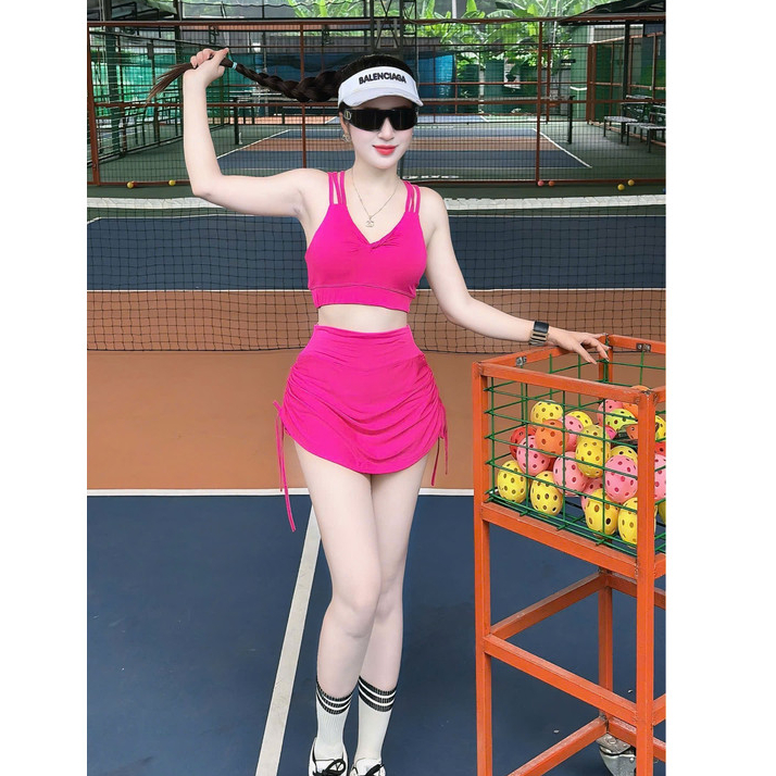 Bộ váy thể thao TS02 áo xoắn váy rút tạp gym, aerobic, đi bơi, đi biển... chất thun poly co giãn thoải mái
