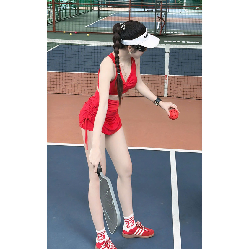 Bộ váy thể thao TS02 áo xoắn váy rút tạp gym, aerobic, đi bơi, đi biển... chất thun poly co giãn thoải mái
