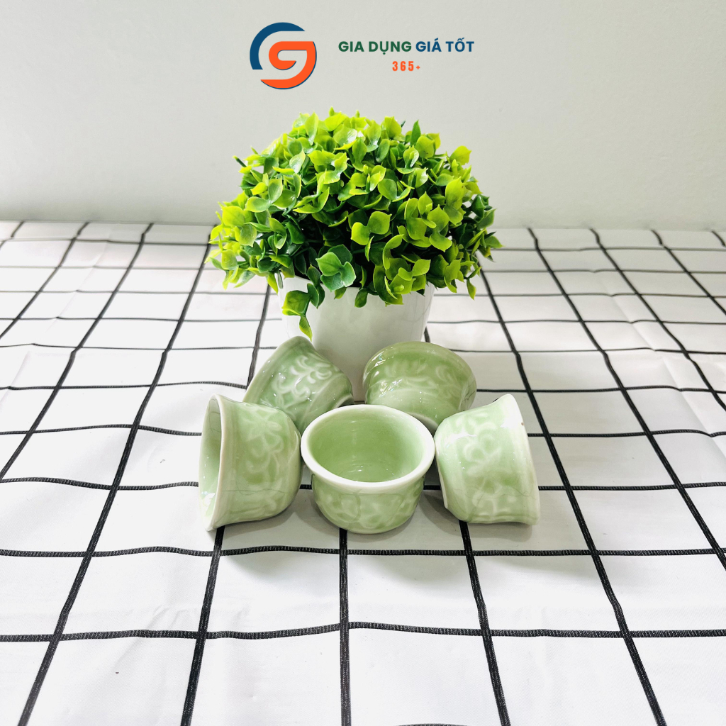 Combo 5,10 chén uống trà sứ men xanh - chén trà mini hoa văn chìm sang trọng