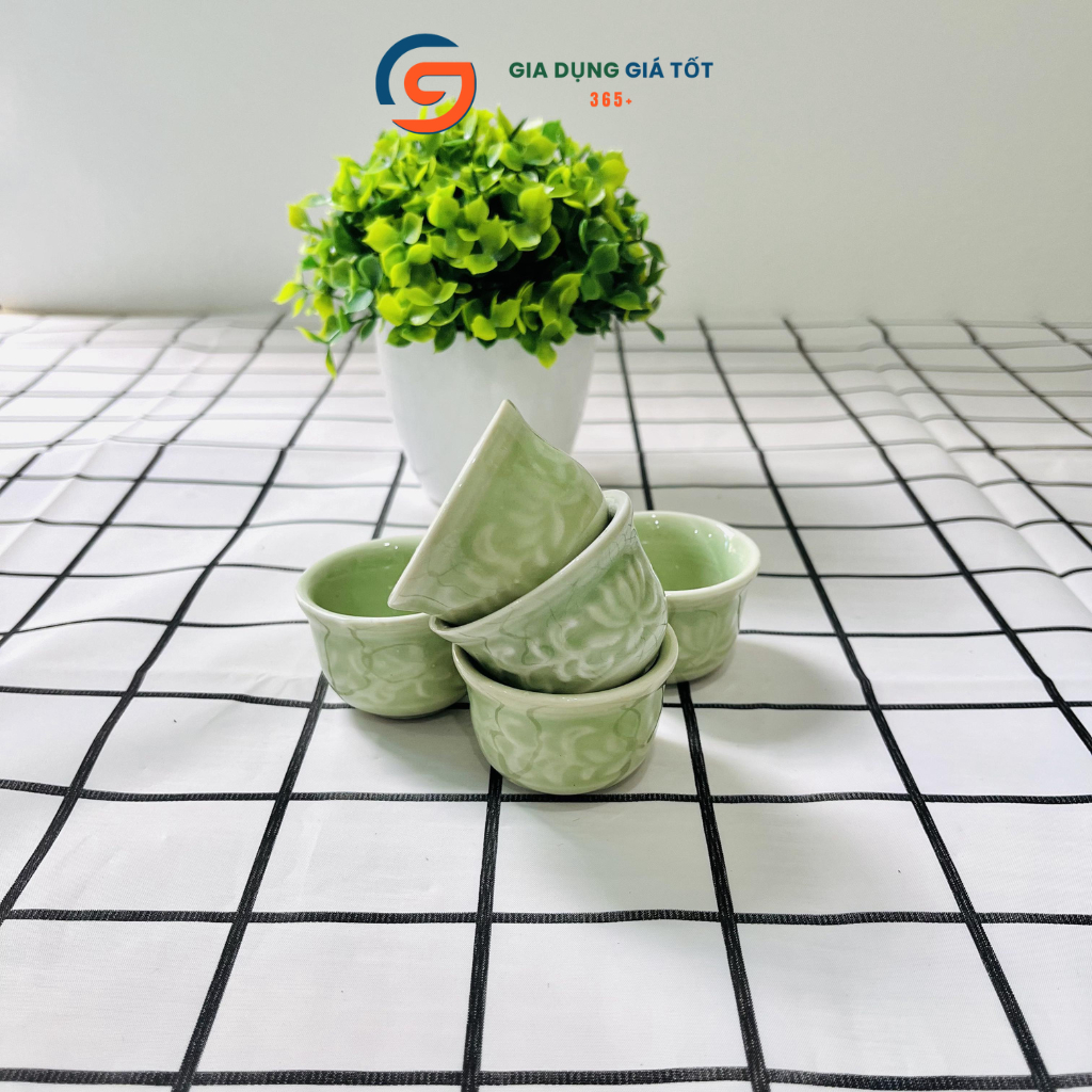 Combo 5,10 chén uống trà sứ men xanh - chén trà mini hoa văn chìm sang trọng