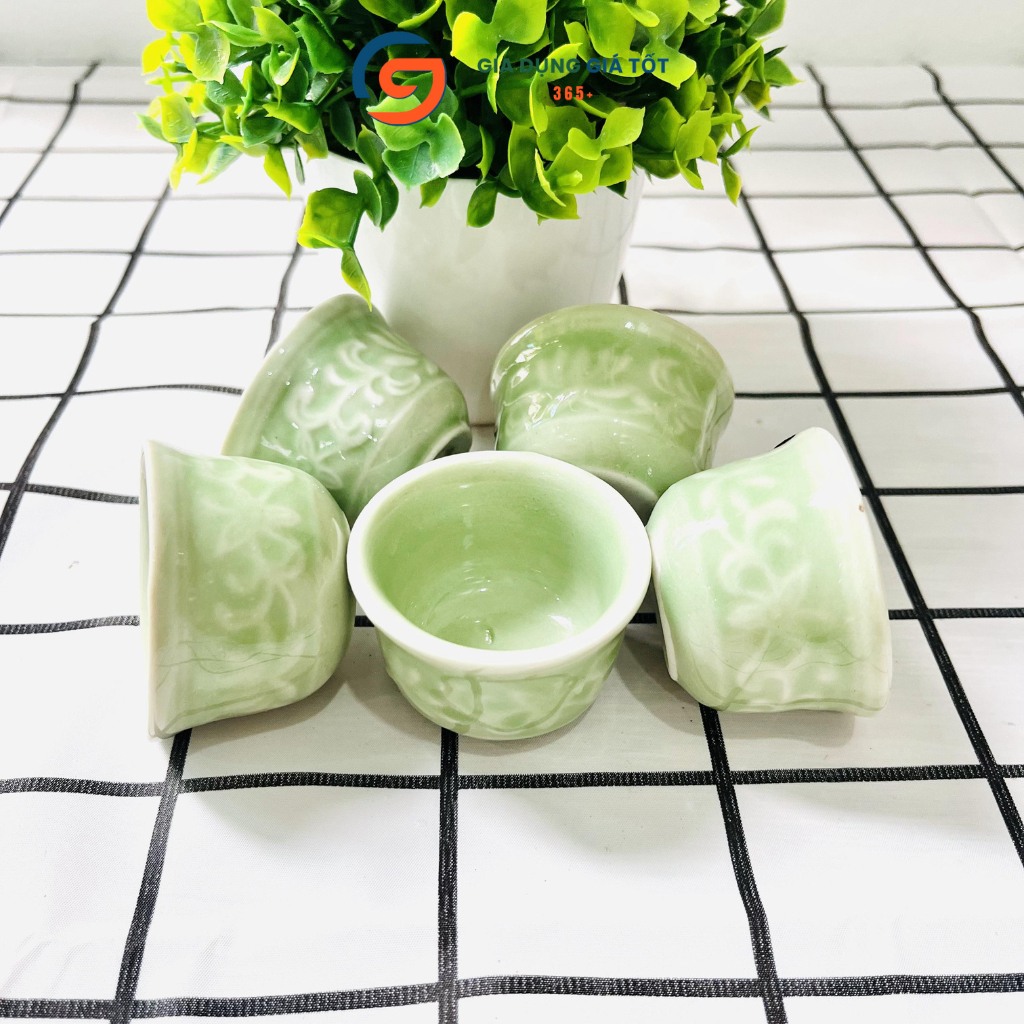 Combo 5,10 chén uống trà sứ men xanh - chén trà mini hoa văn chìm sang trọng