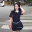 Đầm nữ tay ngắn phối bèo đính khuy bọc cao cấp MIU.STUDIO, Váy thiết kế cổ sen phối viền đính nơ tiểu thư thanh lịch
