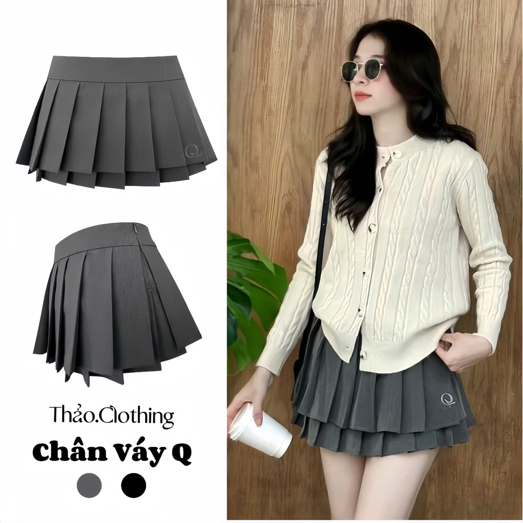 CHÂN VÁY XẾP LY 2 TẦNG THÊU CHỮ Q Có Quần Bảo Hộ S106
