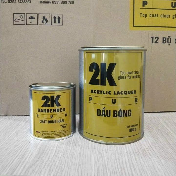Sơn Dầu Phủ Bóng 2K Vàng- 1Kg/bộ (Dầu bóng 800g&Đóng rắn 200g)-Phủ Bóng Cho Xe, Đá, Gỗ, Nhựa, Giả Đá