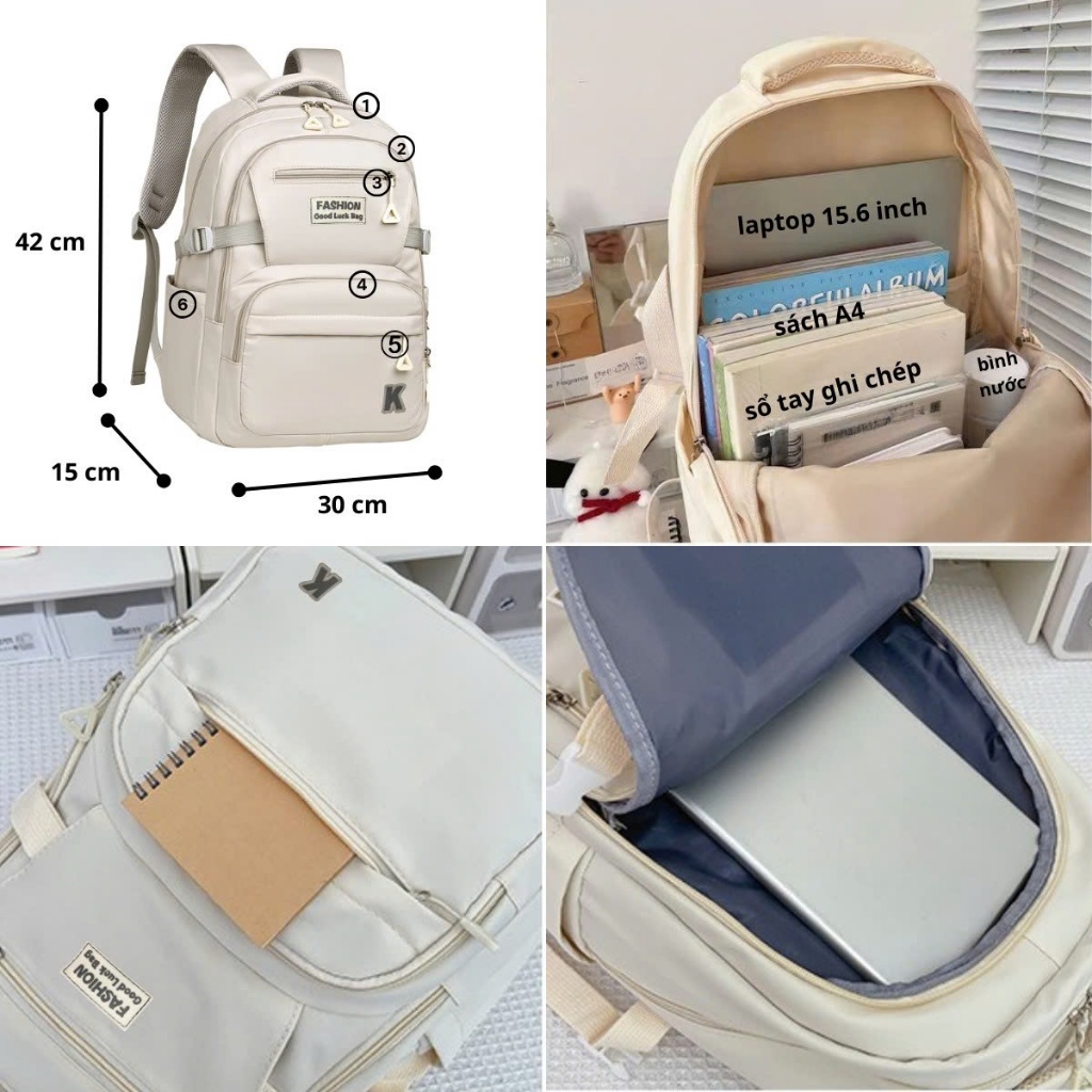 Balo Ulzzang Thời Trang nam nữ nhiều ngăn đựng vừa laptop 14-15.6 inch,a4 đi học đi chơi vải polyester chống nước