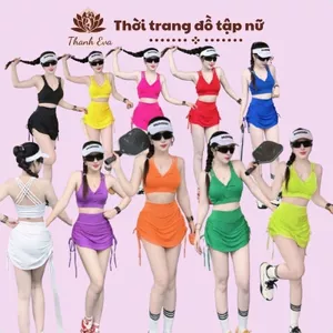 Bộ váy thể thao TS02 áo xoắn váy rút tạp gym, aerobic, đi bơi, đi biển... chất thun poly co giãn thoải mái