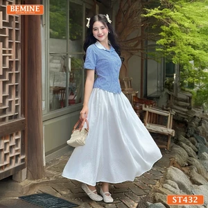 Set BEMINE áo cổ sen đính cúc chân váy xòe dài-ST432
