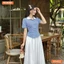 Set BEMINE áo cổ sen đính cúc chân váy xòe dài-ST432