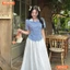 Set BEMINE áo cổ sen đính cúc chân váy xòe dài-ST432