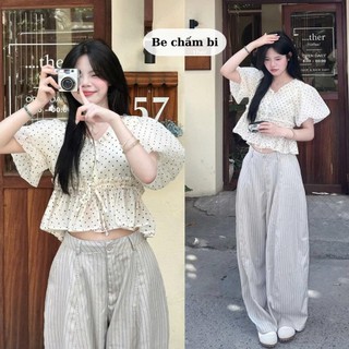Áo Crop Chấm Bi Tay Bồng Viền Bèo Dáng Bo Eo Dây Rút 247store Cổ Tròn Nữ Tính Aobbd039