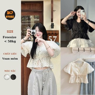 Áo Crop Chấm Bi Tay Bồng Viền Bèo Dáng Bo Eo Dây Rút 247store Cổ Tròn Nữ Tính Aobbd039