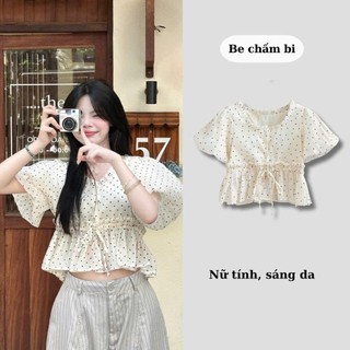Áo Crop Chấm Bi Tay Bồng Viền Bèo Dáng Bo Eo Dây Rút 247store Cổ Tròn Nữ Tính Aobbd039