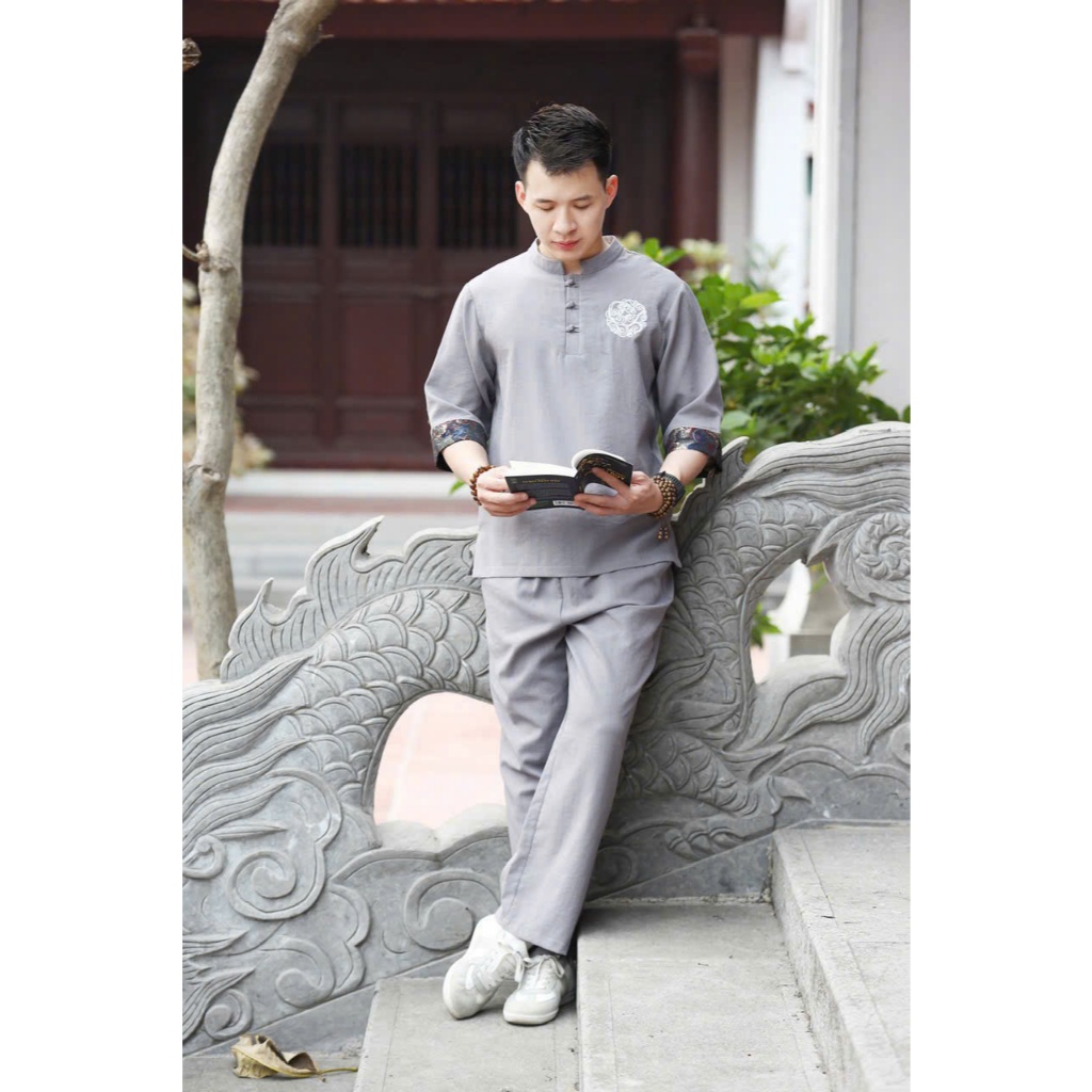 Pháp phục đi chùa nam cổ trụ vải đũi phối viền Bộ điì đi chùa cho nam 55-85kg mặc lễ tết đũi mềm mát