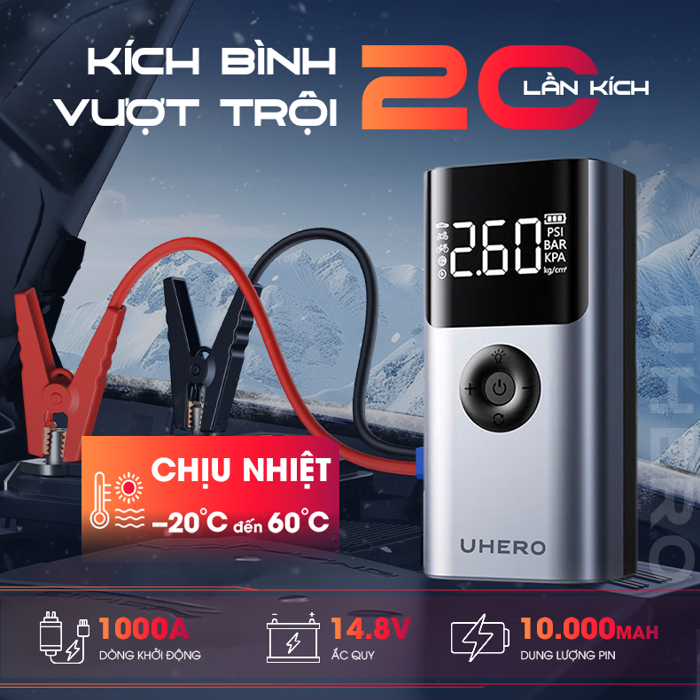 Bơm lốp kích bình ô tô 4in1 10000mAh UHERO tích hợp sạc dự phòng và đèn pin chiếu sáng, công suất cao